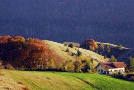 Panorama del Piano Campolongo con
la sagoma del rifugio Biagio Longo
(13514 bytes)